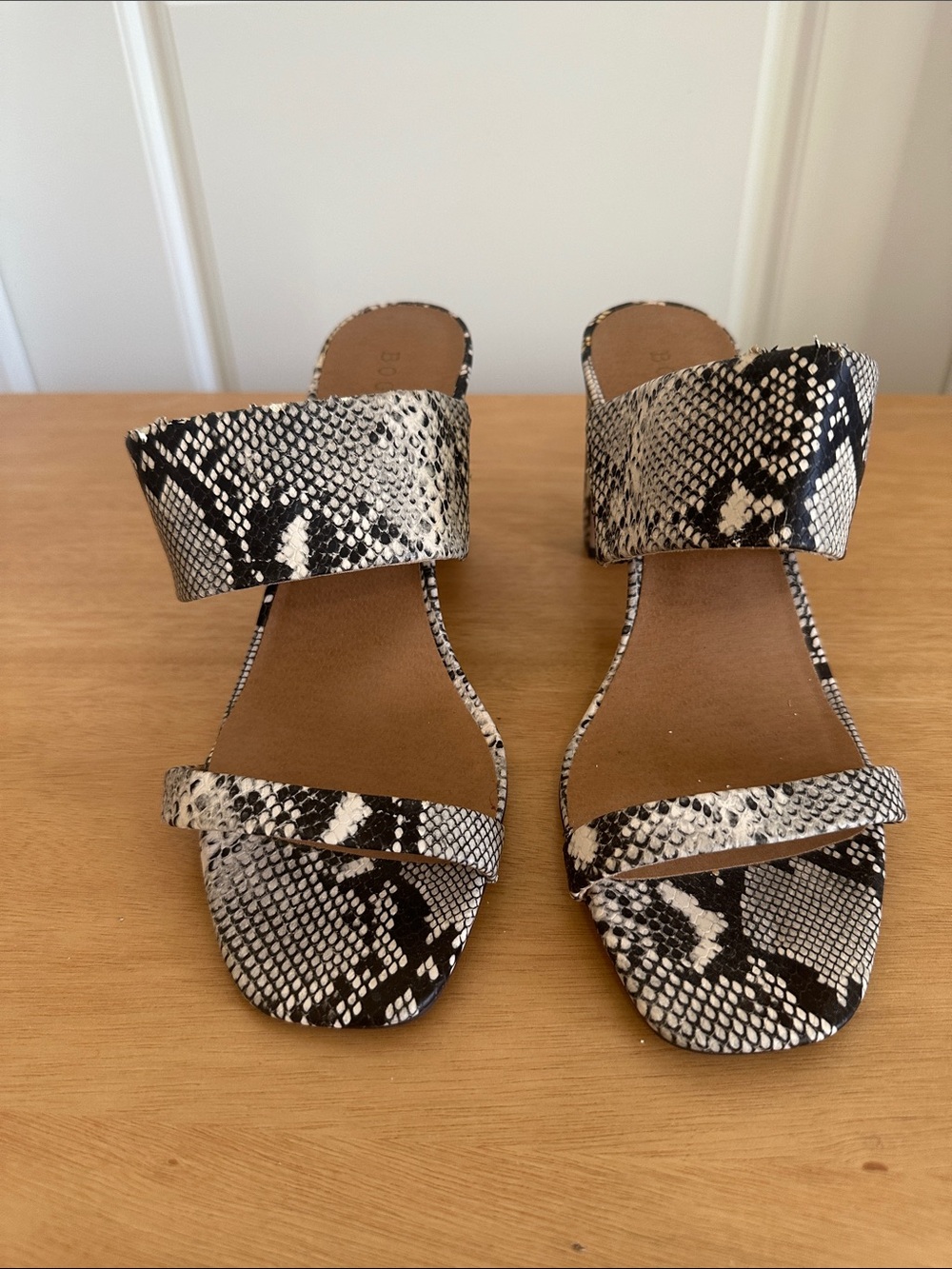 Snake-Print Slide Mules in Black & White